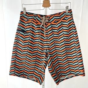 PATAGONIA  30 Printed Wavefarer Board Shorts Swim Trunks Button Fly Orange Blue